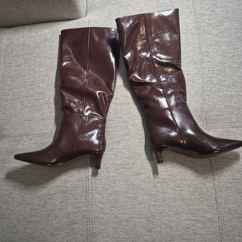 Cellenz Womens Brown Patent Knee High Boots Pointed Toe Slouchy Kitten Heel